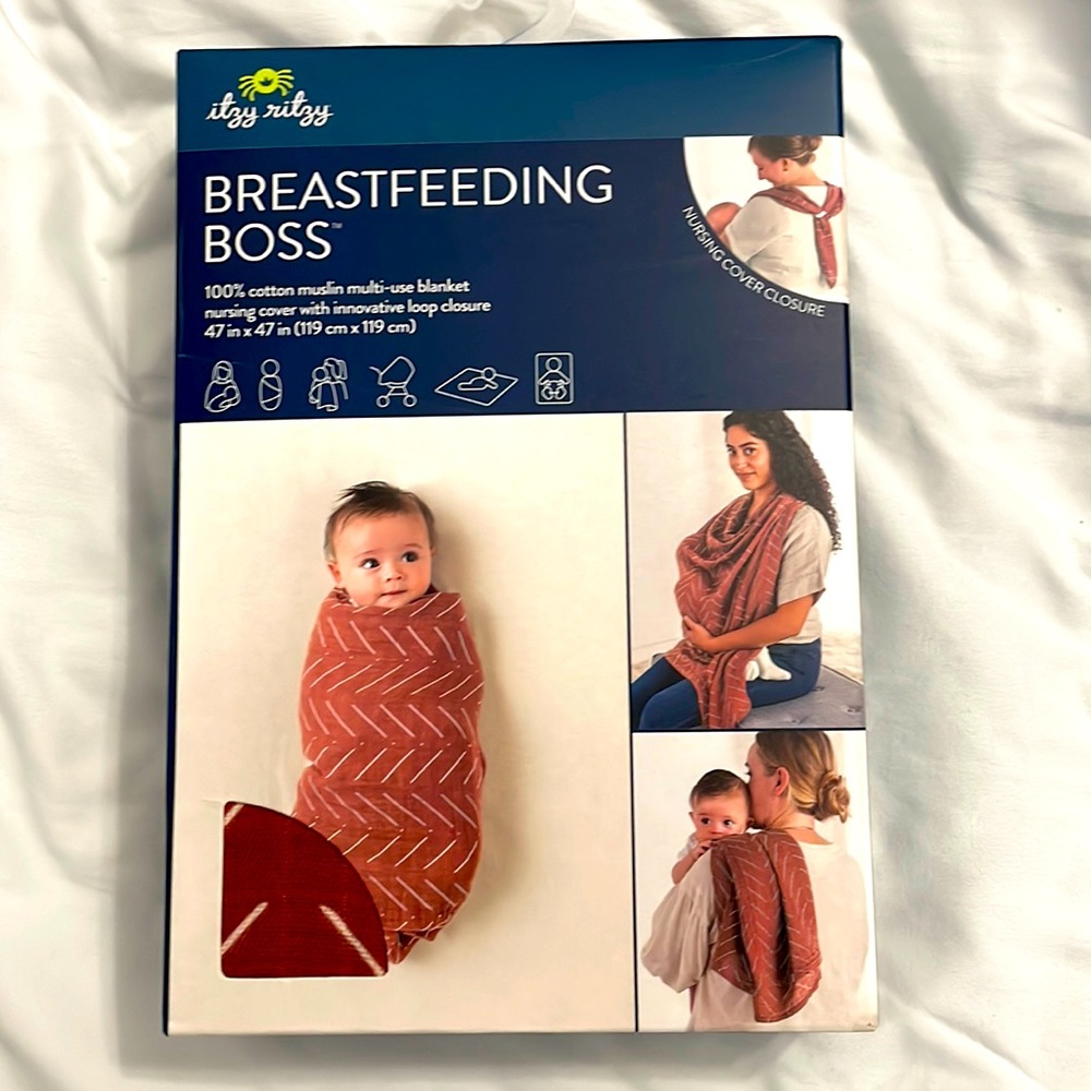 Muslin nursing cover, swaddle, car seat cover, burp cloth, tummy time mat in one